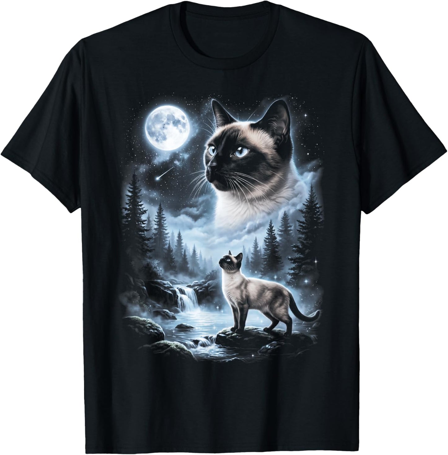 Siamese Cat Howling at Moon 90's Retro T-Shirt - T-Shirt | Black
