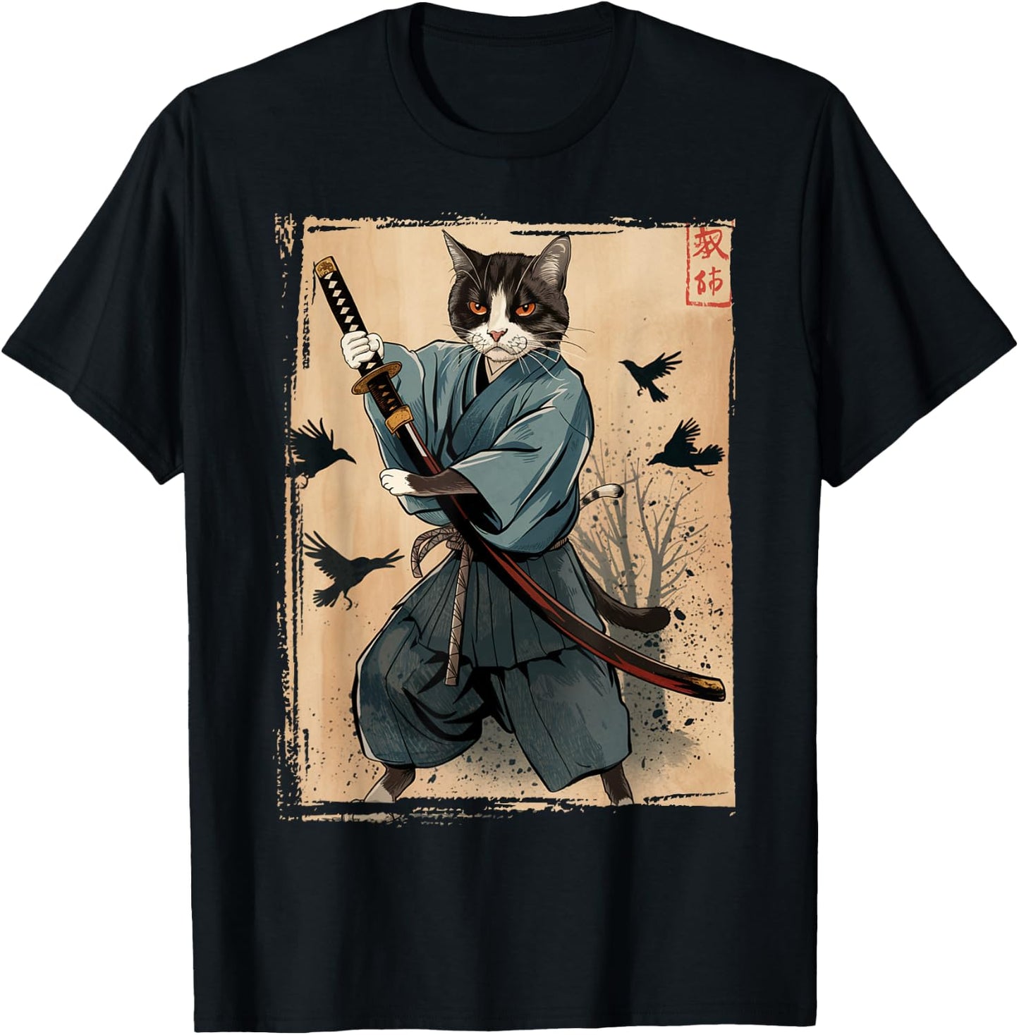 Samurai Cat Anime Cool Funny Graphic Women Kids T-Shirt - T-Shirt | Black