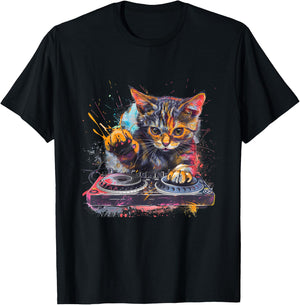 DJ Cat Turntable DJ Cat EDM Artwork House Music Beatmaker T-Shirt - T-Shirt | Black