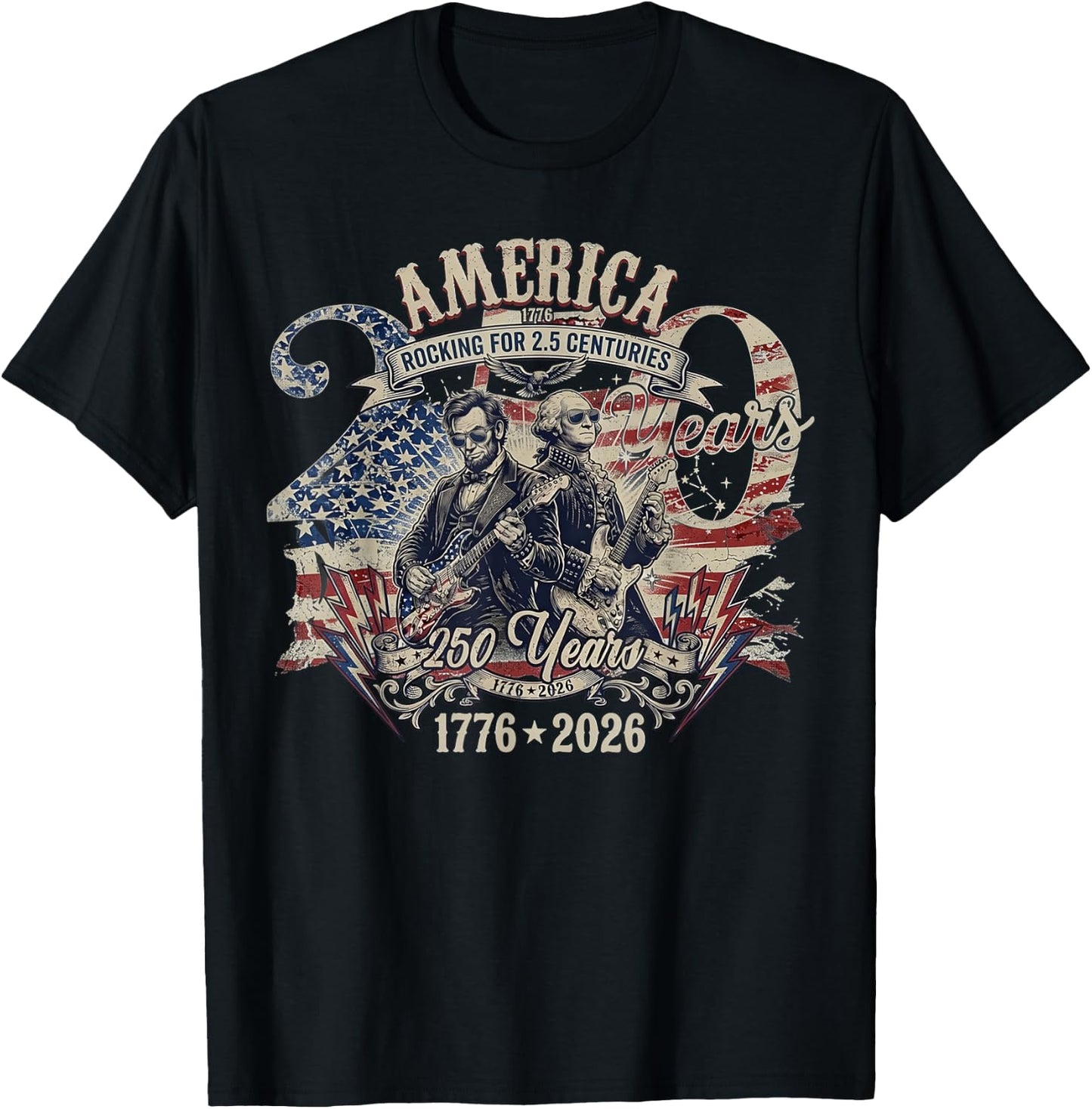 Patriotic Washington Lincoln Playing Guitar 250 Years T-Shirt - T-Shirt | Black