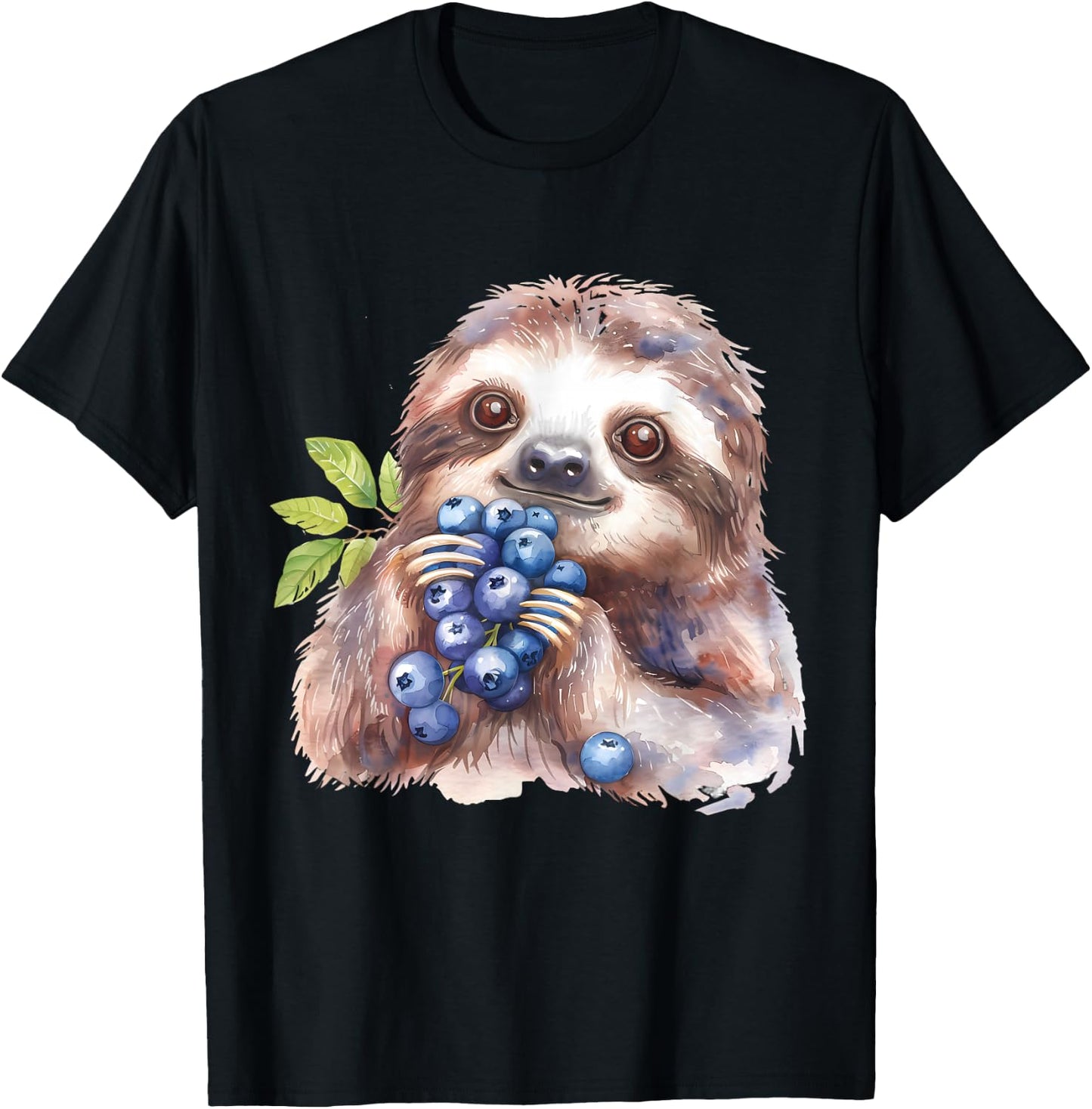 Blueberry Sloth Watercolor Motif Blueberries Animal Art T-Shirt - T-Shirt | Black