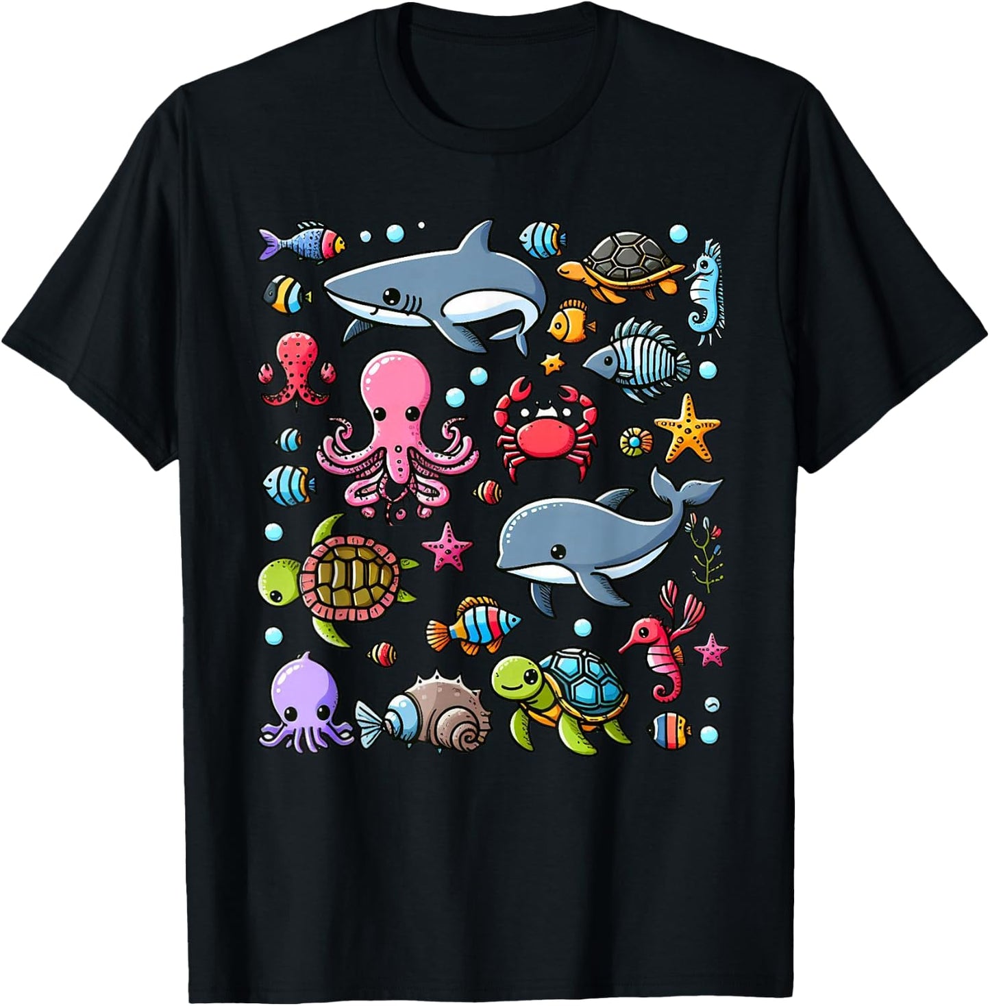 Colourful Sea Animals for Kids, Cute Sea Creatures , black T-Shirt - T-Shirt | Black