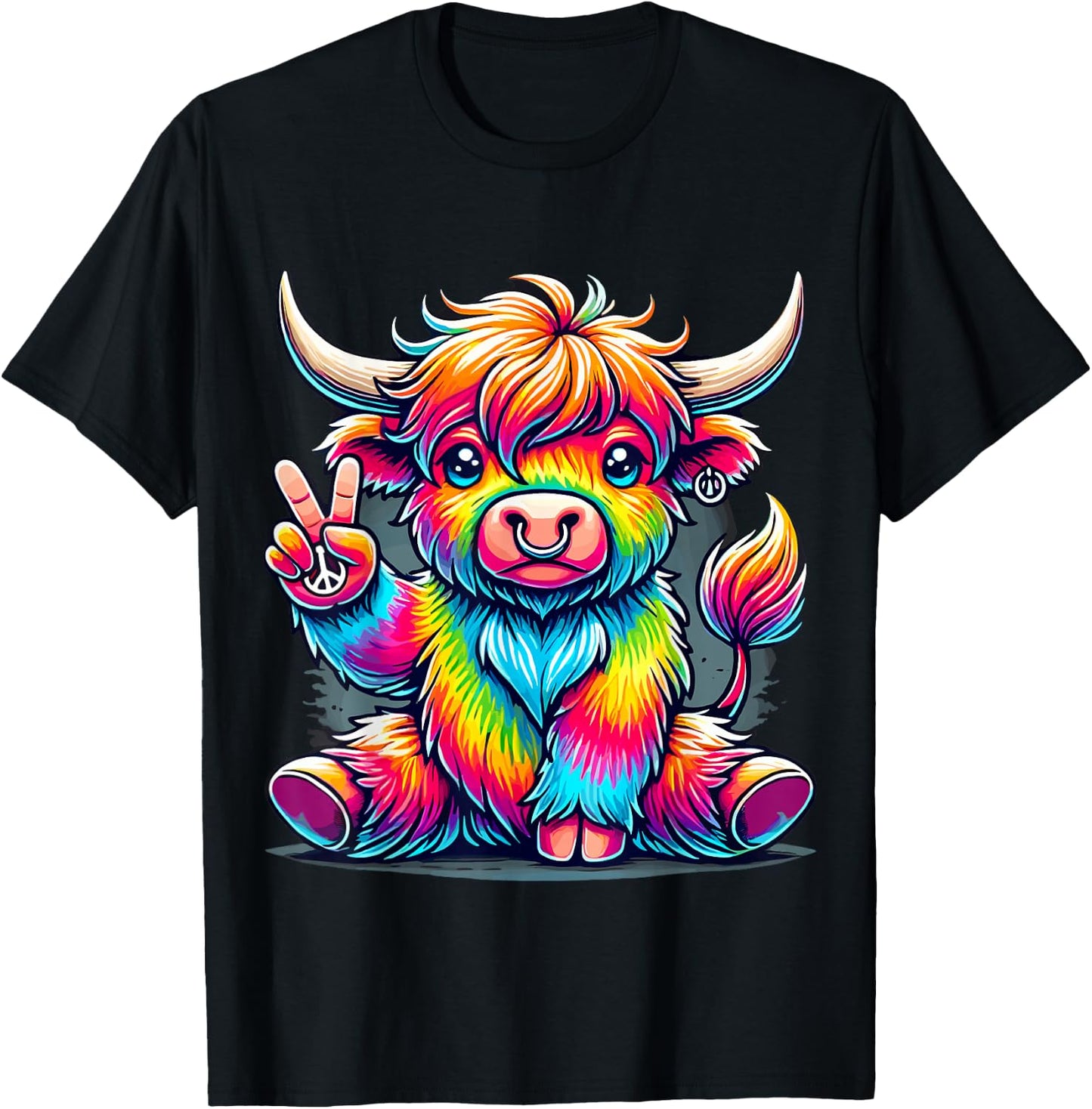 Tie-Dye Highland Cow Peace Sign Hippie T-Shirt - T-Shirt | Black