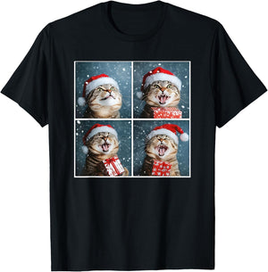 Winter Tabby Cat In Santa Hat Funny Christmas Cat T-Shirt - T-Shirt | Black