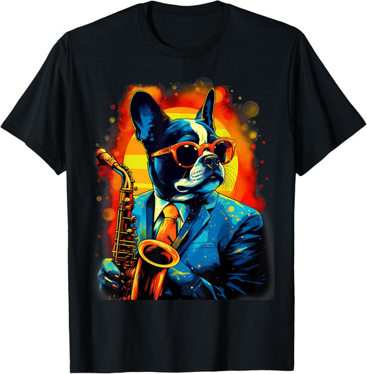 Jazz Musician Boston Terrier Dog Saxophone T-Shirt - T-Shirt | Black