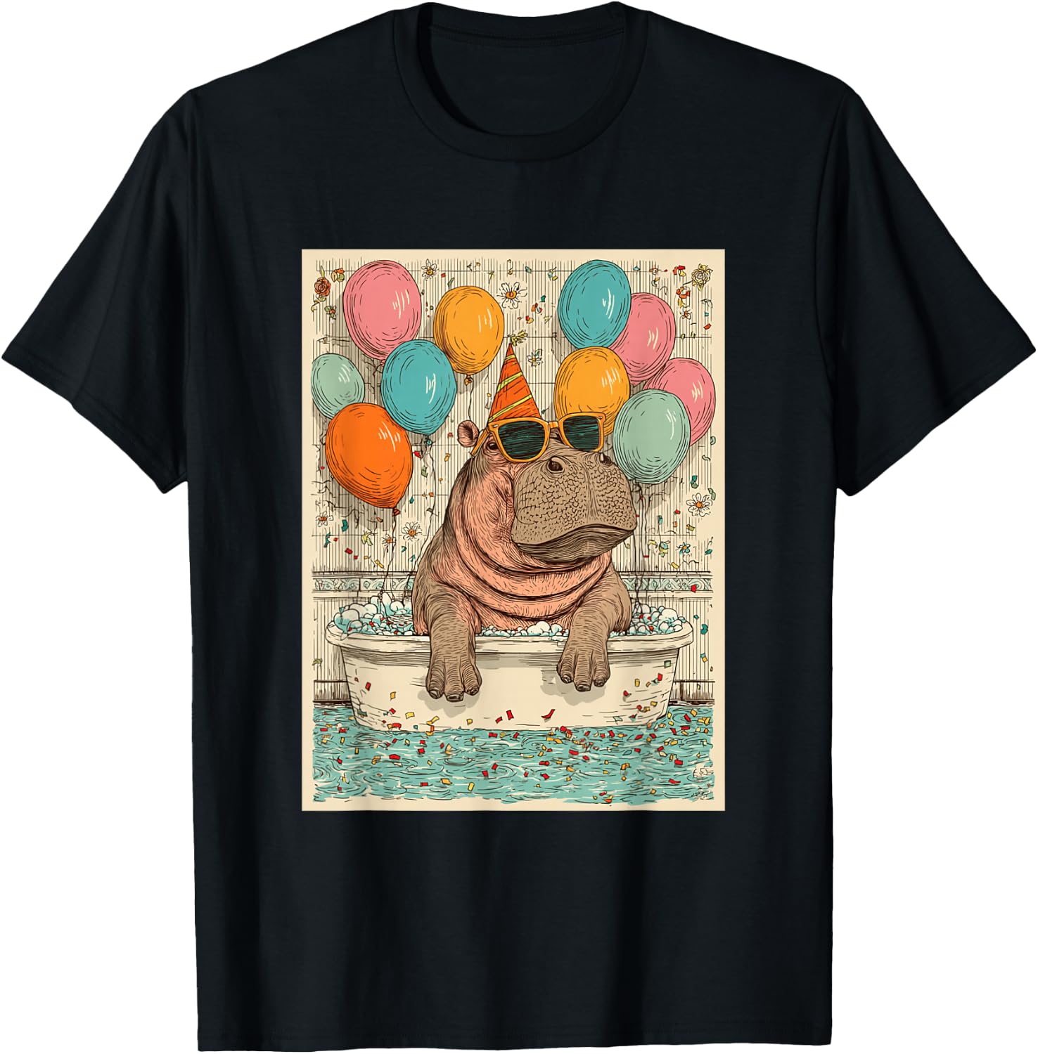 Hippo Birthday Party Balloons Bathtub Art Print T-Shirt - T-Shirt | Black