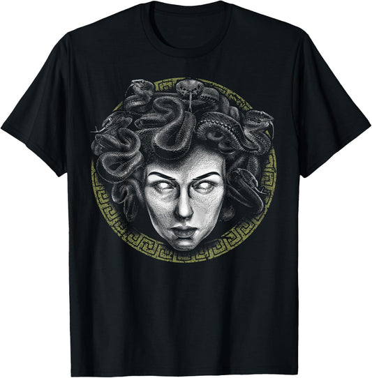 Medusa Head Face Greek Mythology Snake Goddess Mythologist T-Shirt - T-Shirt | Black