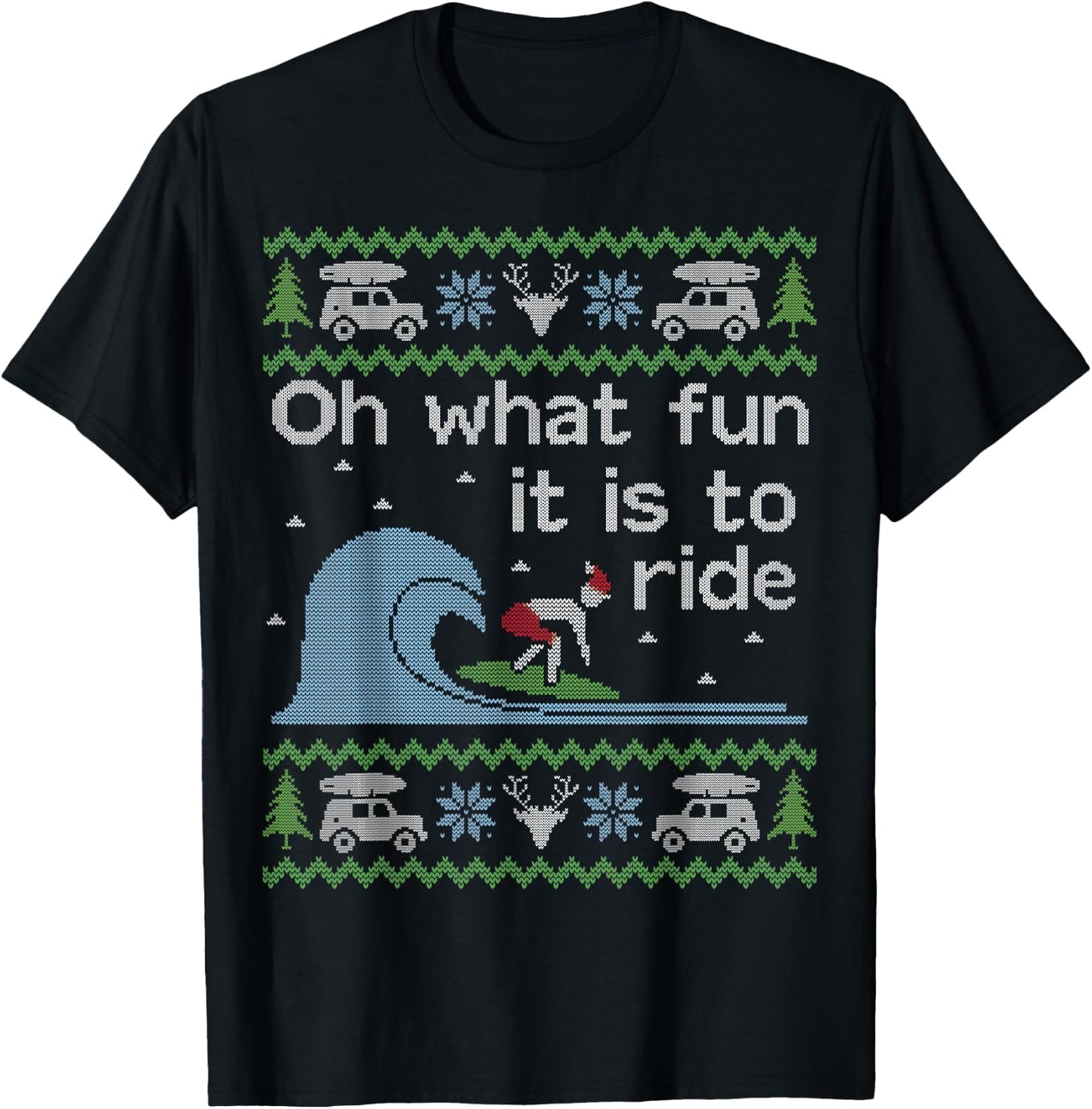 Funny Ugly Sweater Christmas Surfing Surfer Surf Board Shirt T-Shirt - T-Shirt | Black