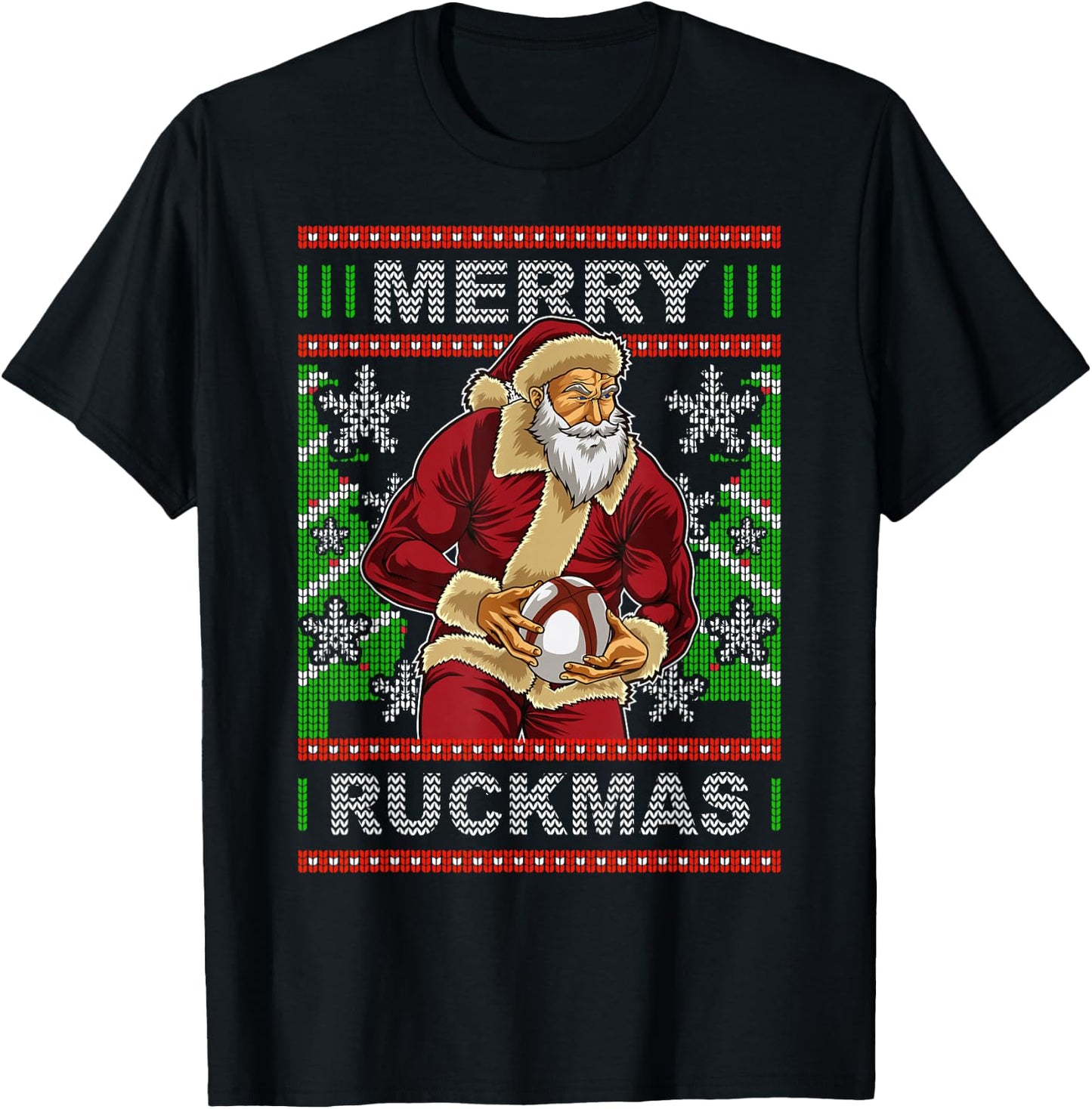 Rugby Ugly Christmas Santa Merry Ruckmas Xmas T-Shirt - T-Shirt | Black