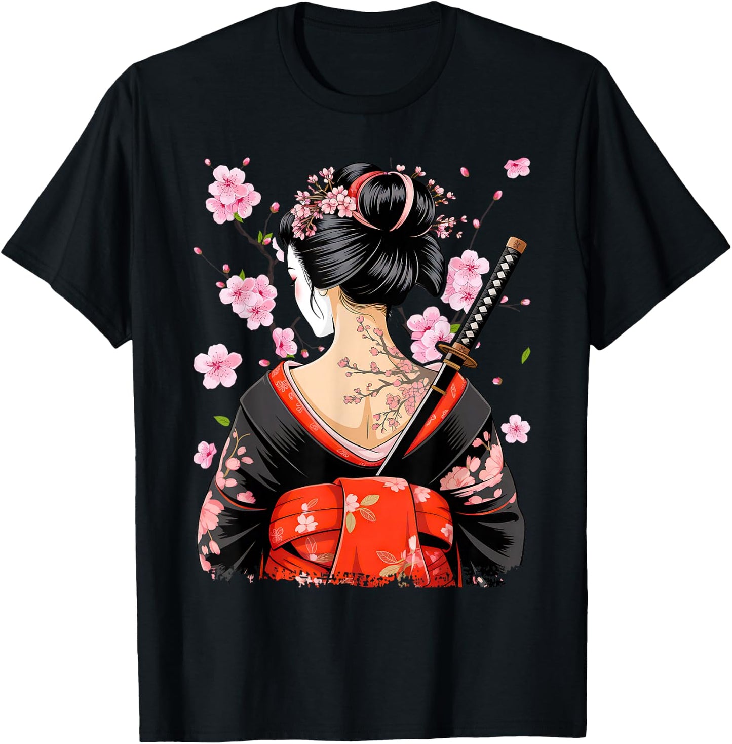 Japanese Samurai Girl Sakura Cherry Blossom Geisha T-Shirt - T-Shirt | Black