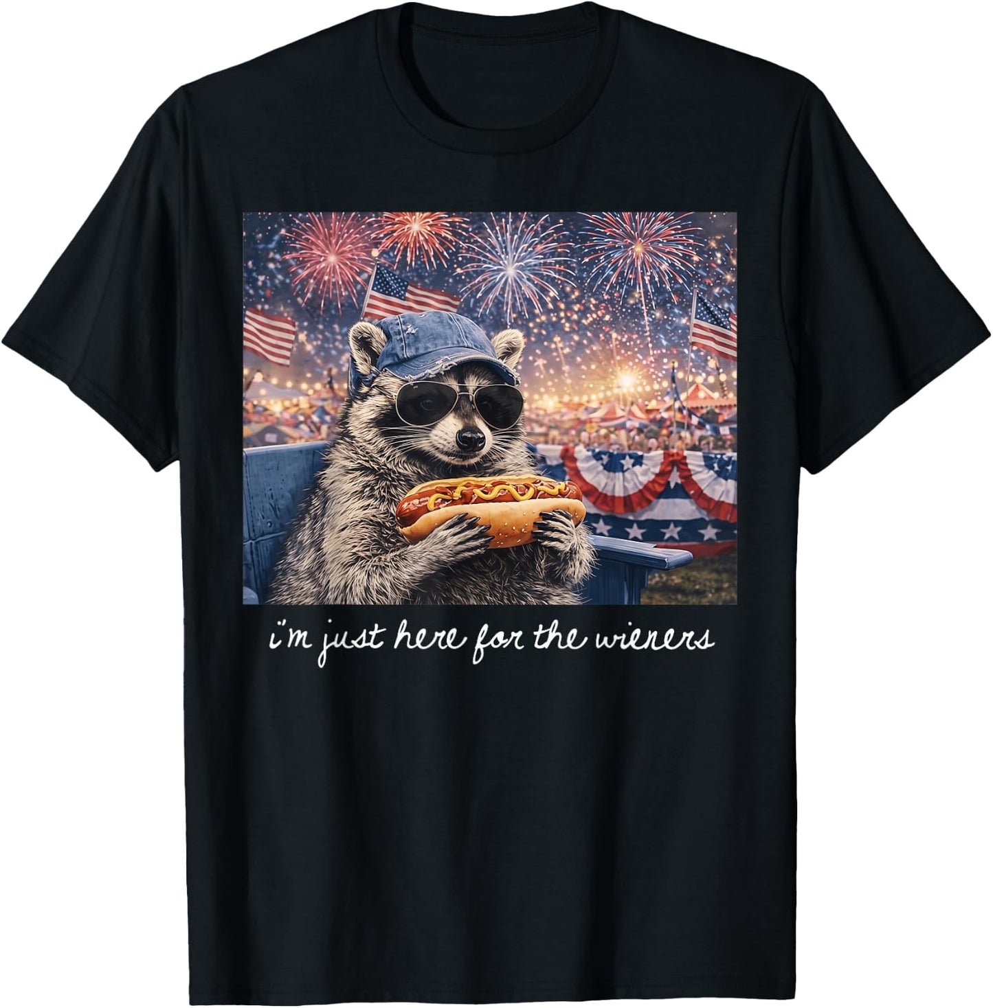 I'm Just Here for The Wieners Vintage Raccoon 4th of July T-Shirt - T-Shirt | Black
