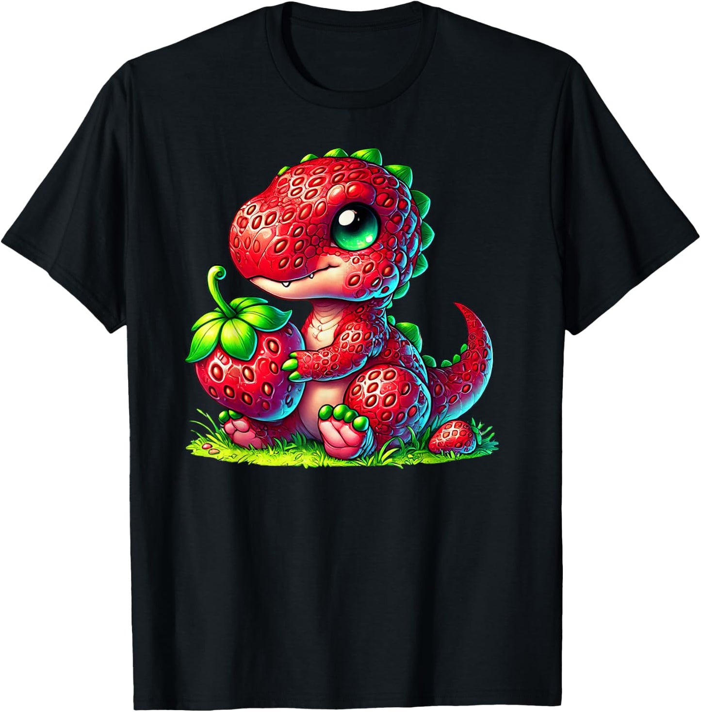 Cute Strawberry Summer Fruit Lover Dinosaur T Rex Boys Girls T-Shirt - T-Shirt | Black