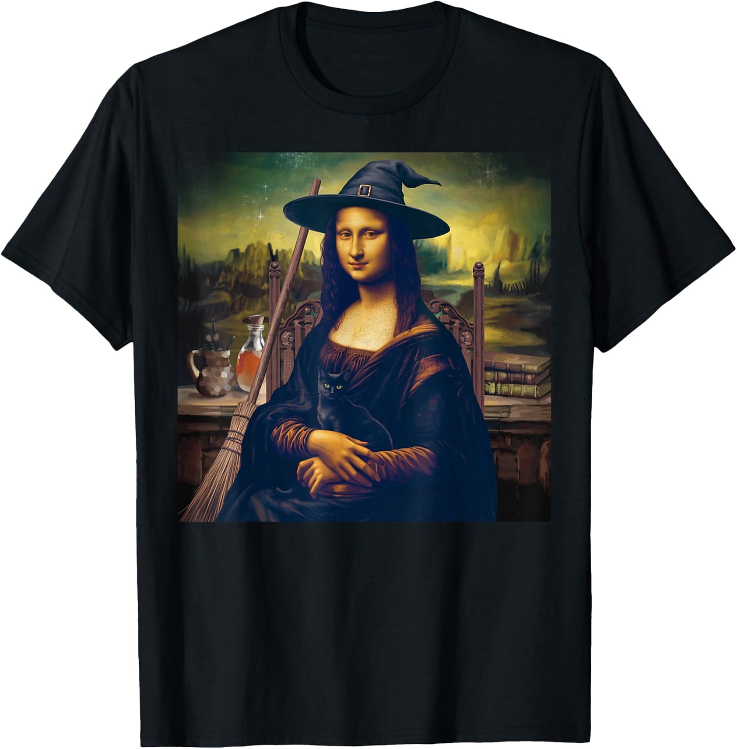 The mona lisa witch, mona lisa art halloween T-Shirt - T-Shirt | Black