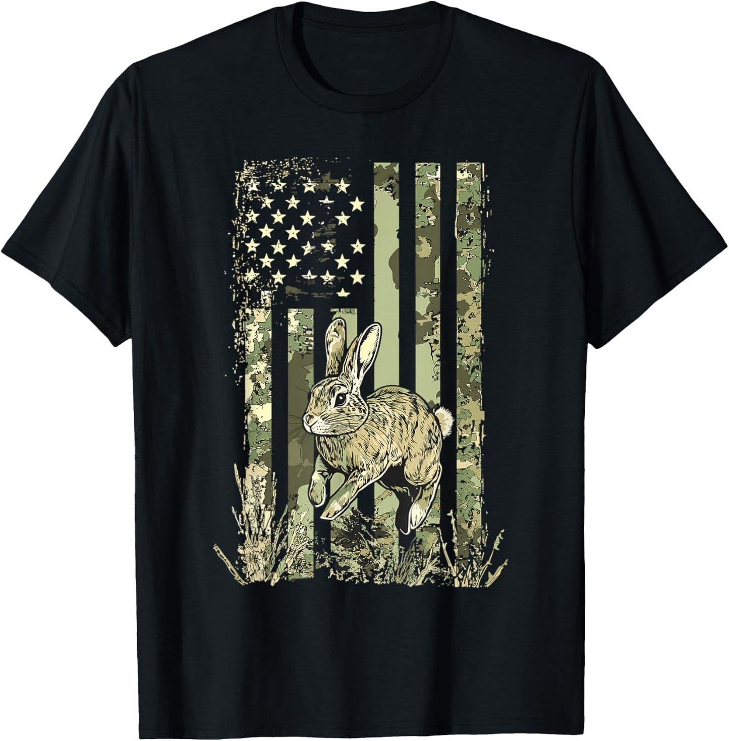 Camouflage Bunny Rabbit American Flag Hunting Rabbit Hunter T-Shirt - T-Shirt | Black