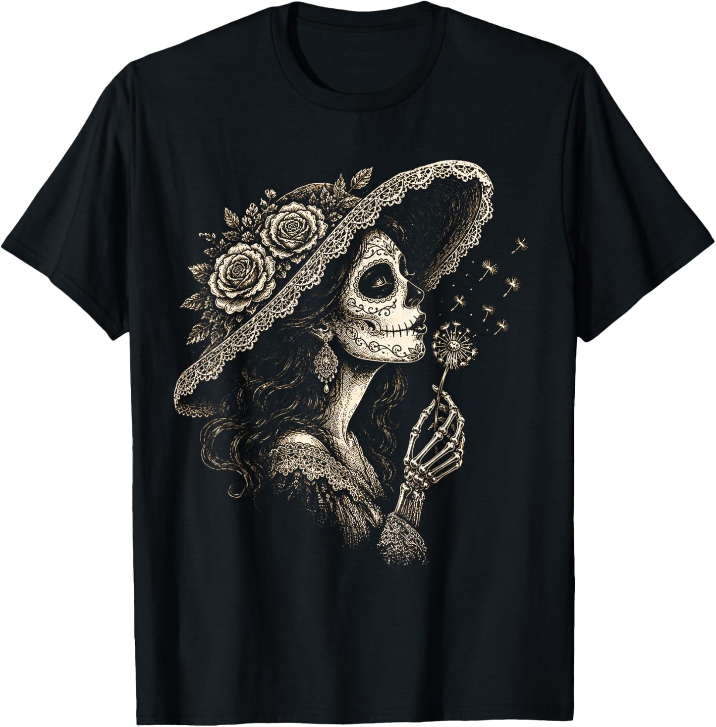 la Catrina Blowing Wish Sugar Skull Lady Dandelion Art T-Shirt - T-Shirt | Black