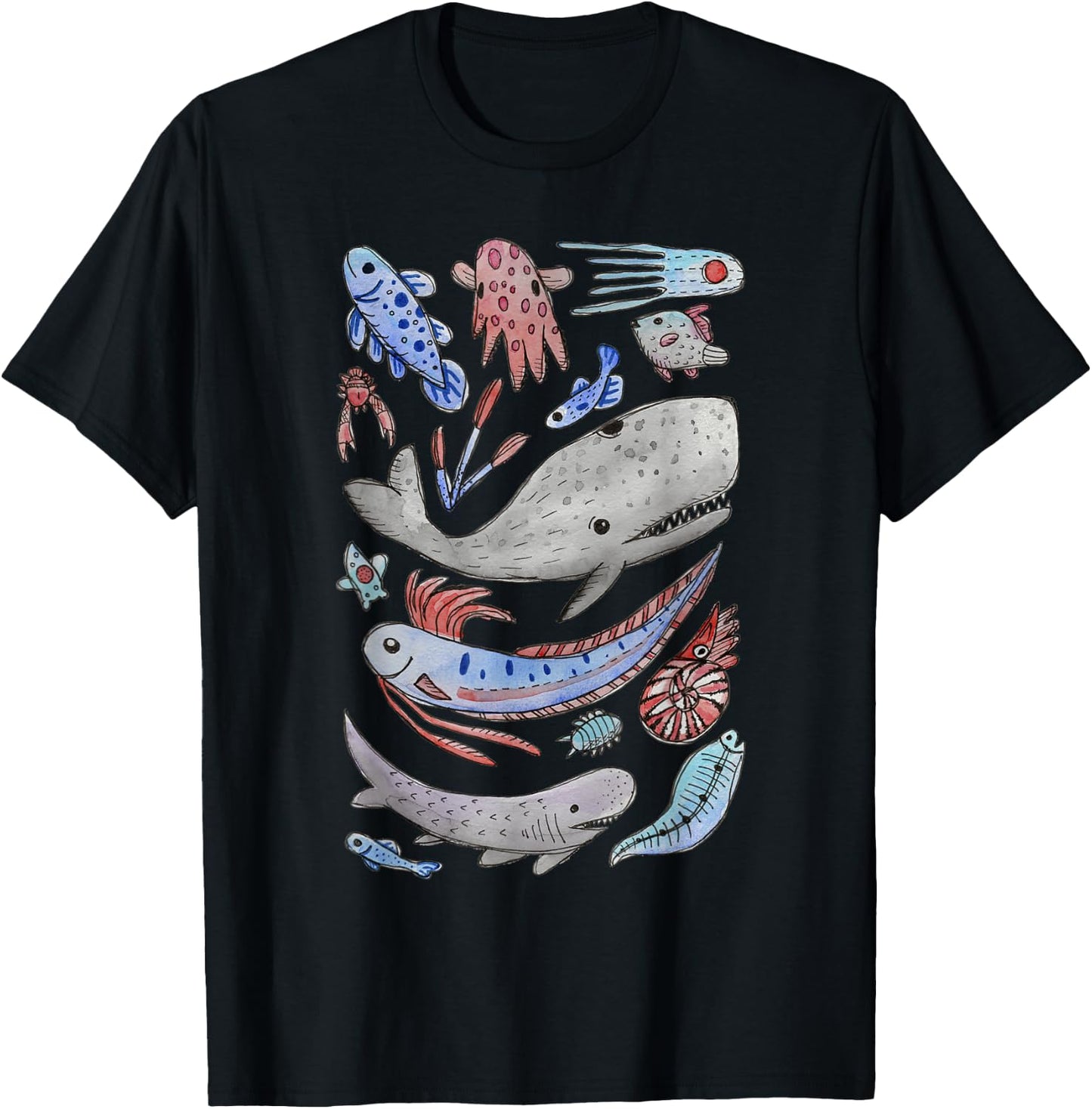 Deep Sea Ocean Creatures Oarfish Whale Shark Watercolor T-Shirt - T-Shirt | Black