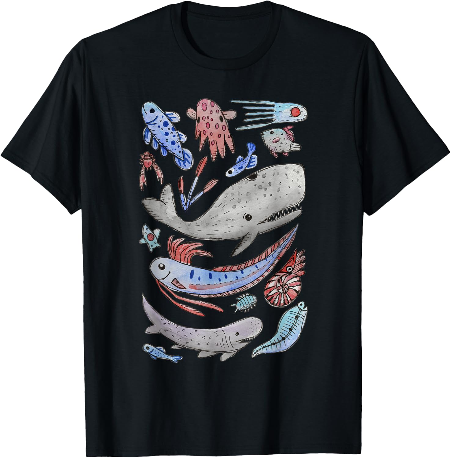 Deep Sea Ocean Creatures Oarfish Whale Shark Watercolor T-Shirt - T-Shirt | Black