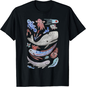 Deep Sea Ocean Creatures Oarfish Whale Shark Watercolor T-Shirt - T-Shirt | Black