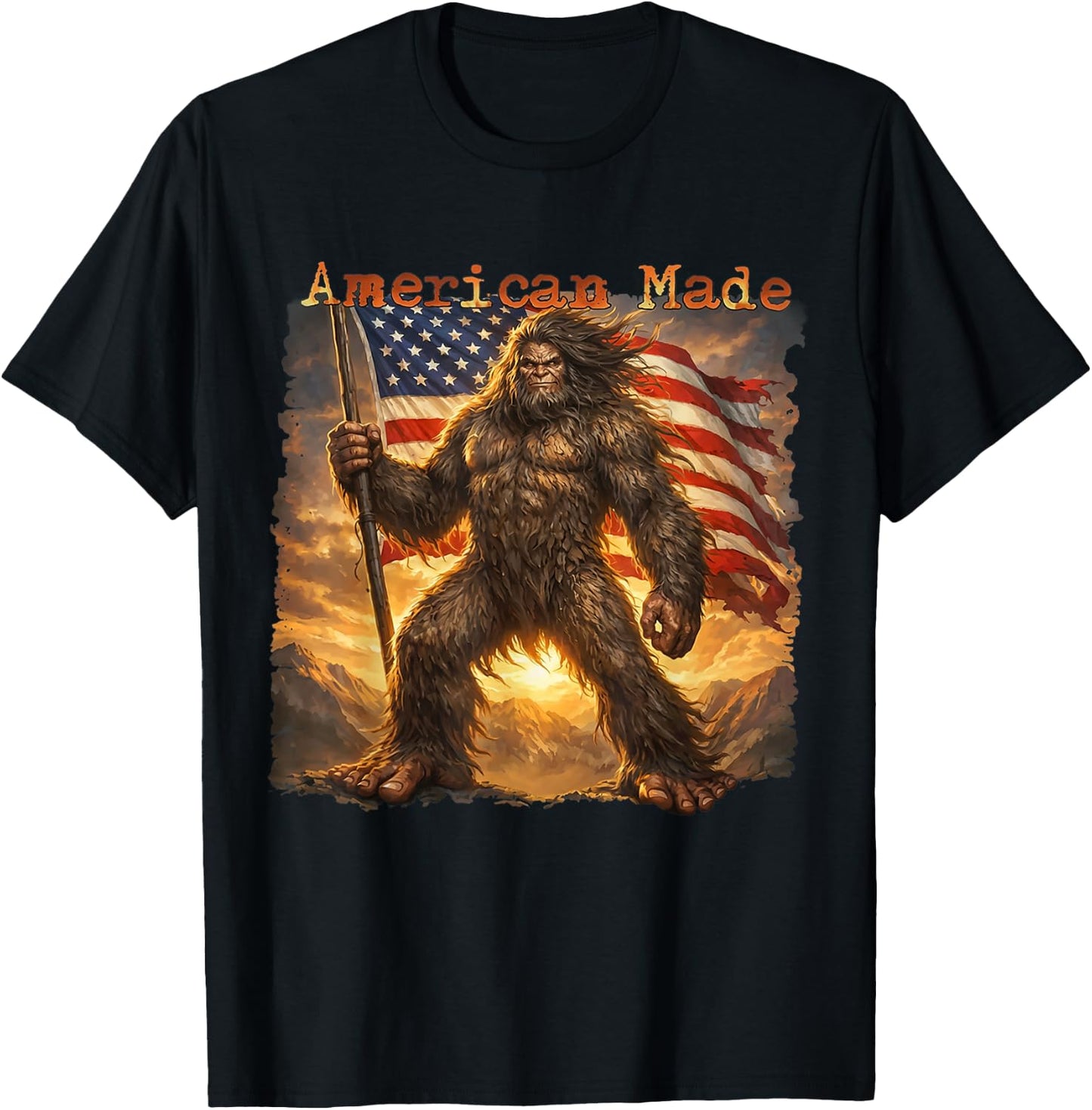 American Made Funny Bigfoot USA Flag Retro T-Shirt - T-Shirt | Black