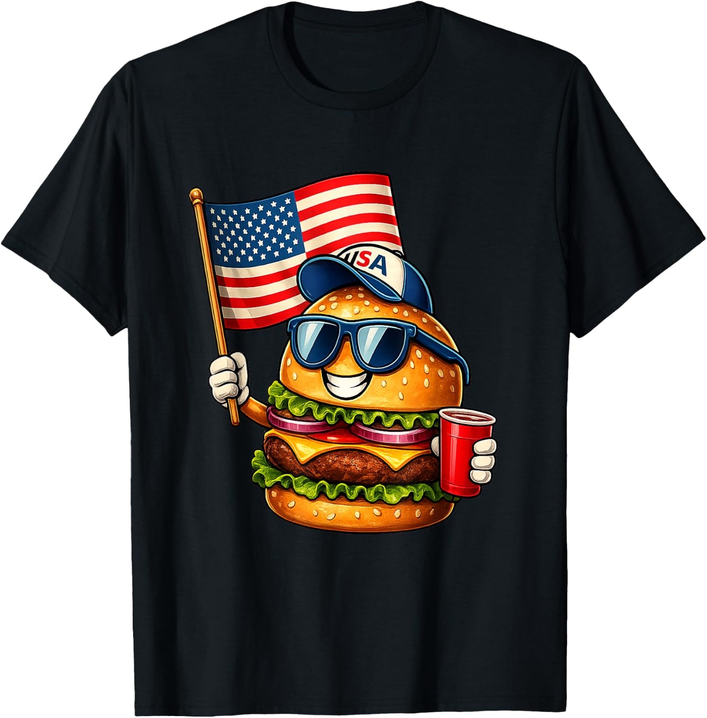Funny 4th of July Burger Patriotic USA Flag BBQ T-Shirt - T-Shirt | Black