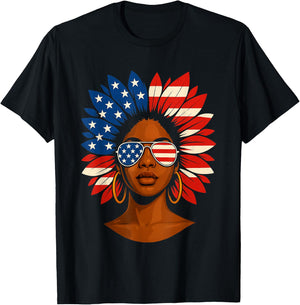 Afro Sunflower African American 4th of July Melanin T-Shirt - T-Shirt | Black