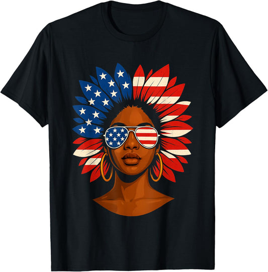Afro Sunflower African American 4th of July Melanin T-Shirt - T-Shirt | Black