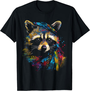 Waschbär Niedliche Kunst Bunte Tierzeichnung Grafik Waschbär T-Shirt - T-Shirt | Black