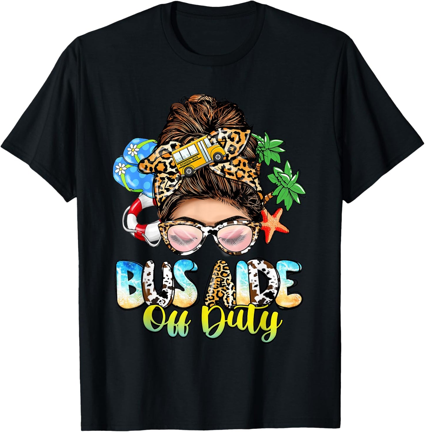 Buses Consultant Messy Bun Leopard Last Day of School T-Shirt - T-Shirt | Black