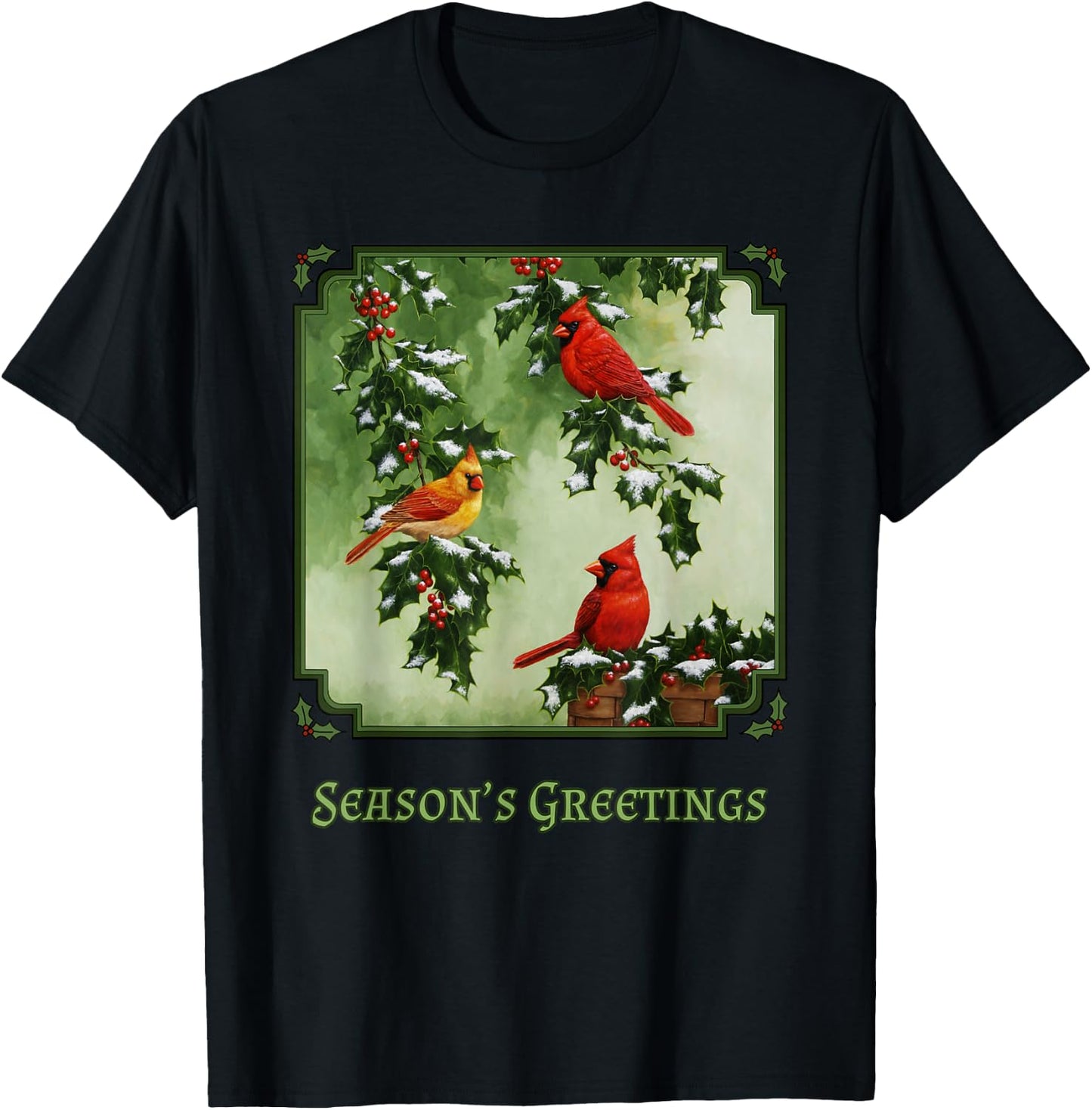 Red Cardinal Birds Christmas Holly Berries Leaves Snow T-Shirt - T-Shirt | Black