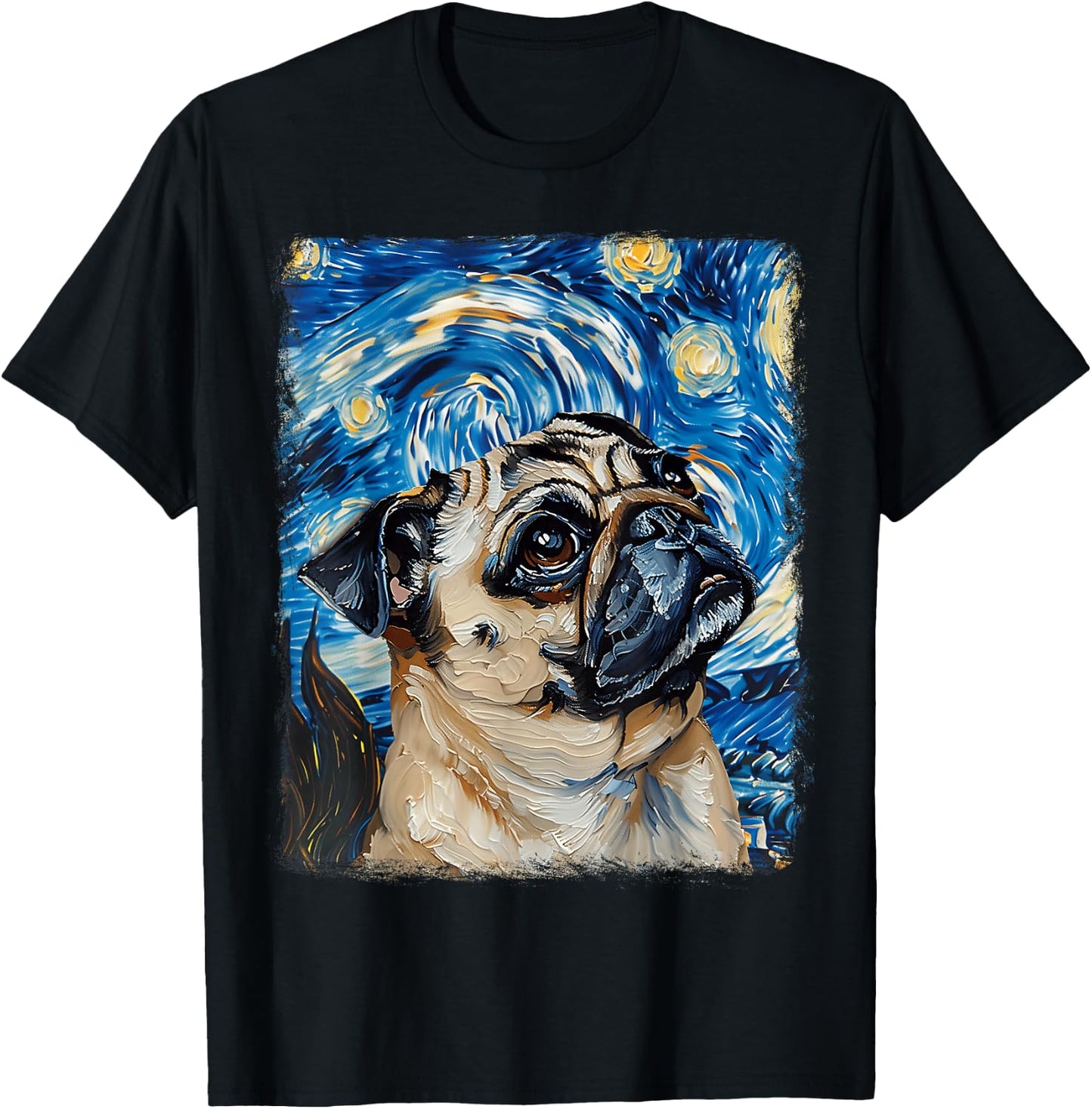 Pug Dog Starry Night Painting T-Shirt - T-Shirt | Black