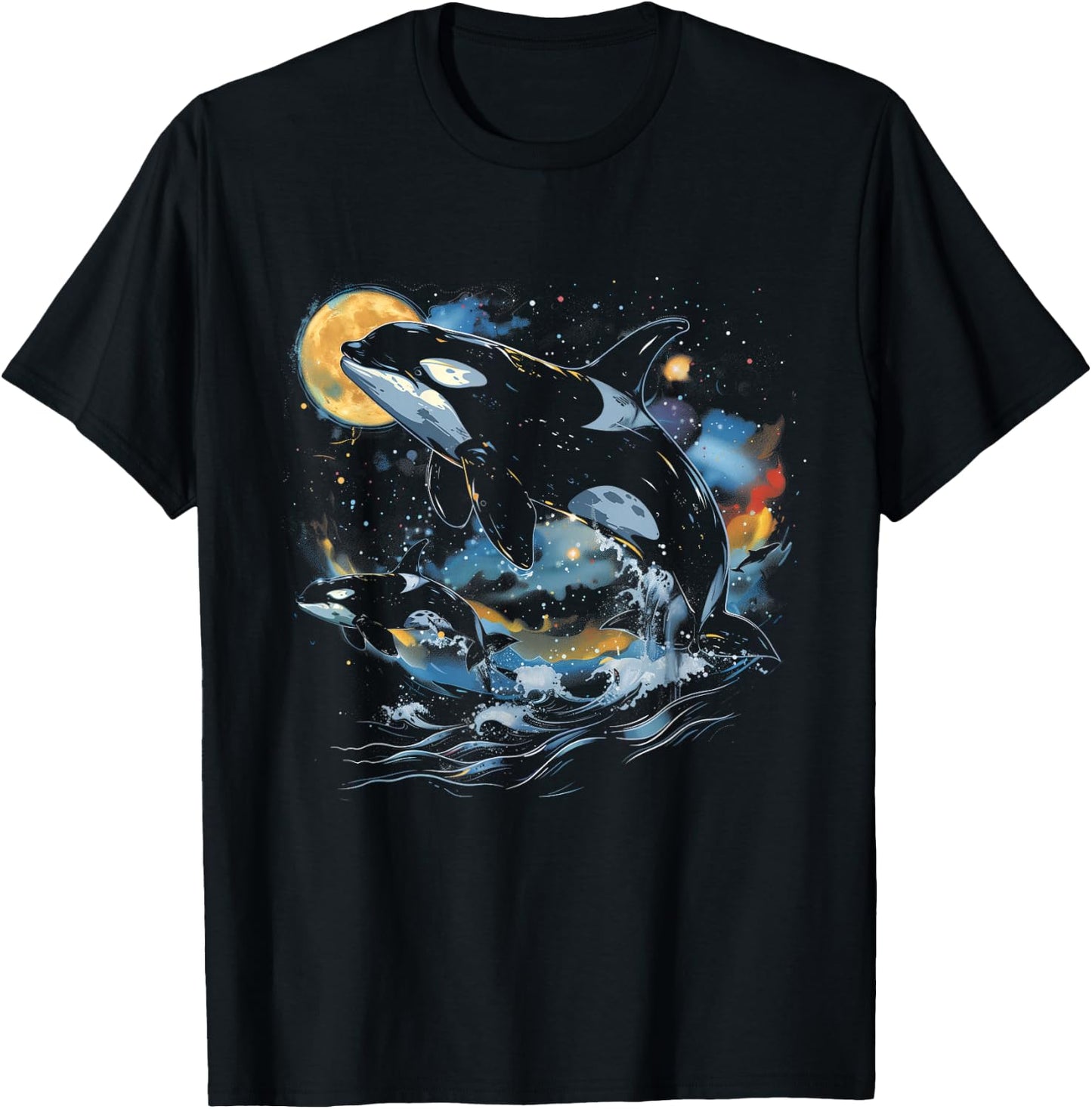 Orca In Space, Planets, Stars, Wall Lovers T-Shirt - T-Shirt | Black