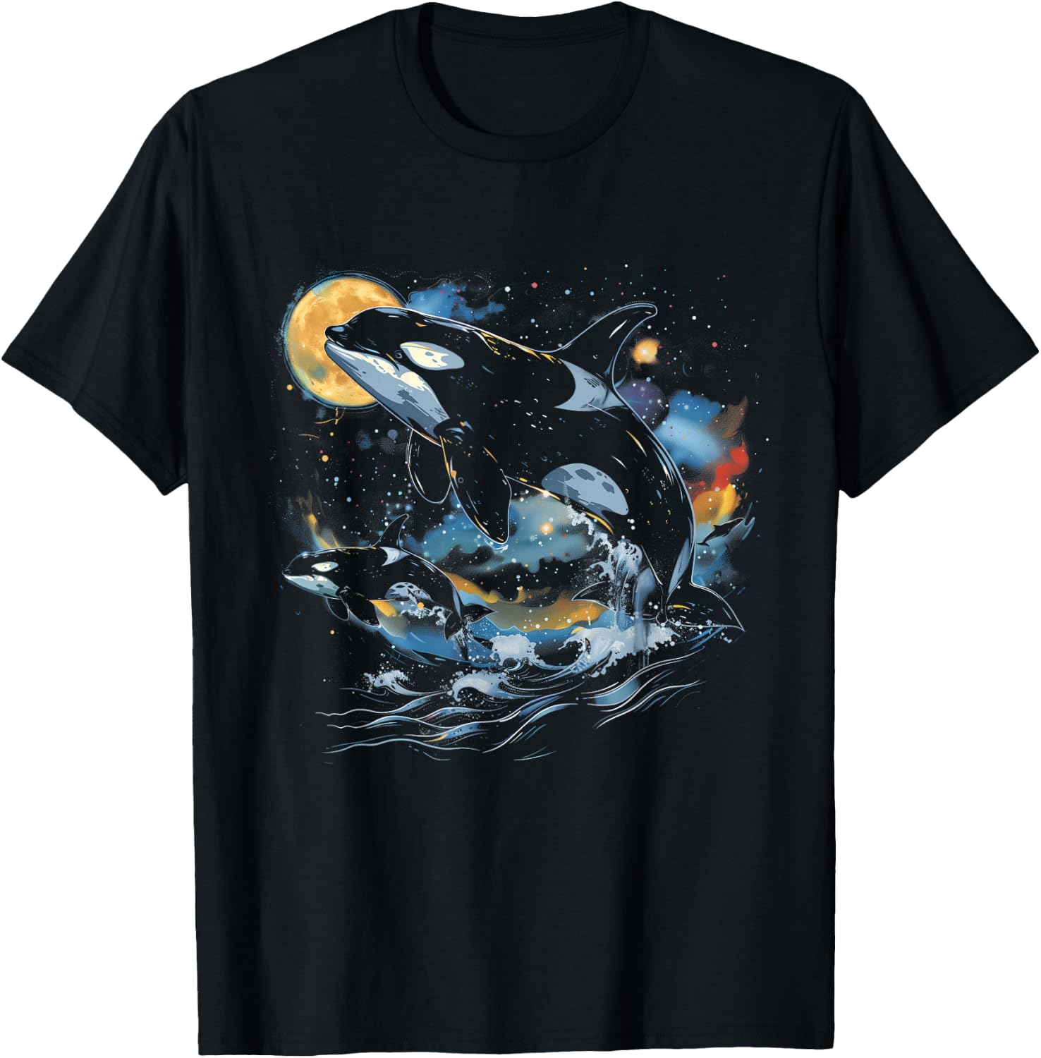 Orca In Space, Planets, Stars, Wall Lovers T-Shirt - T-Shirt | Black