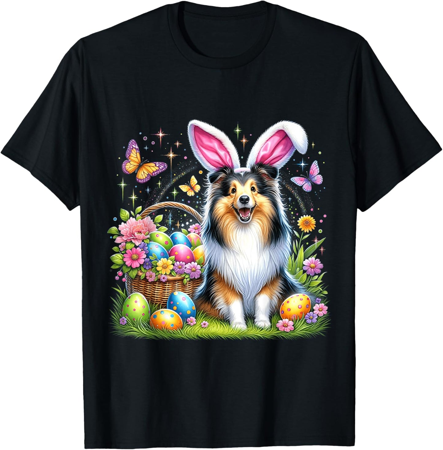 Cute Bunny Shetland Sheepdog Dog Easter Eggs Basket Party T-Shirt - T-Shirt | Black