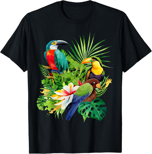 Tropical Bird Rainforest Jungle Green Flowers , black T-Shirt - T-Shirt | Black