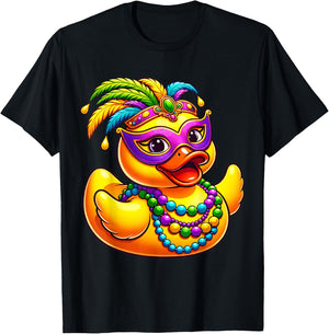 Mardi Gras Duck Wearing Mardi Gras Costume Beads Mask T-Shirt - T-Shirt | Black