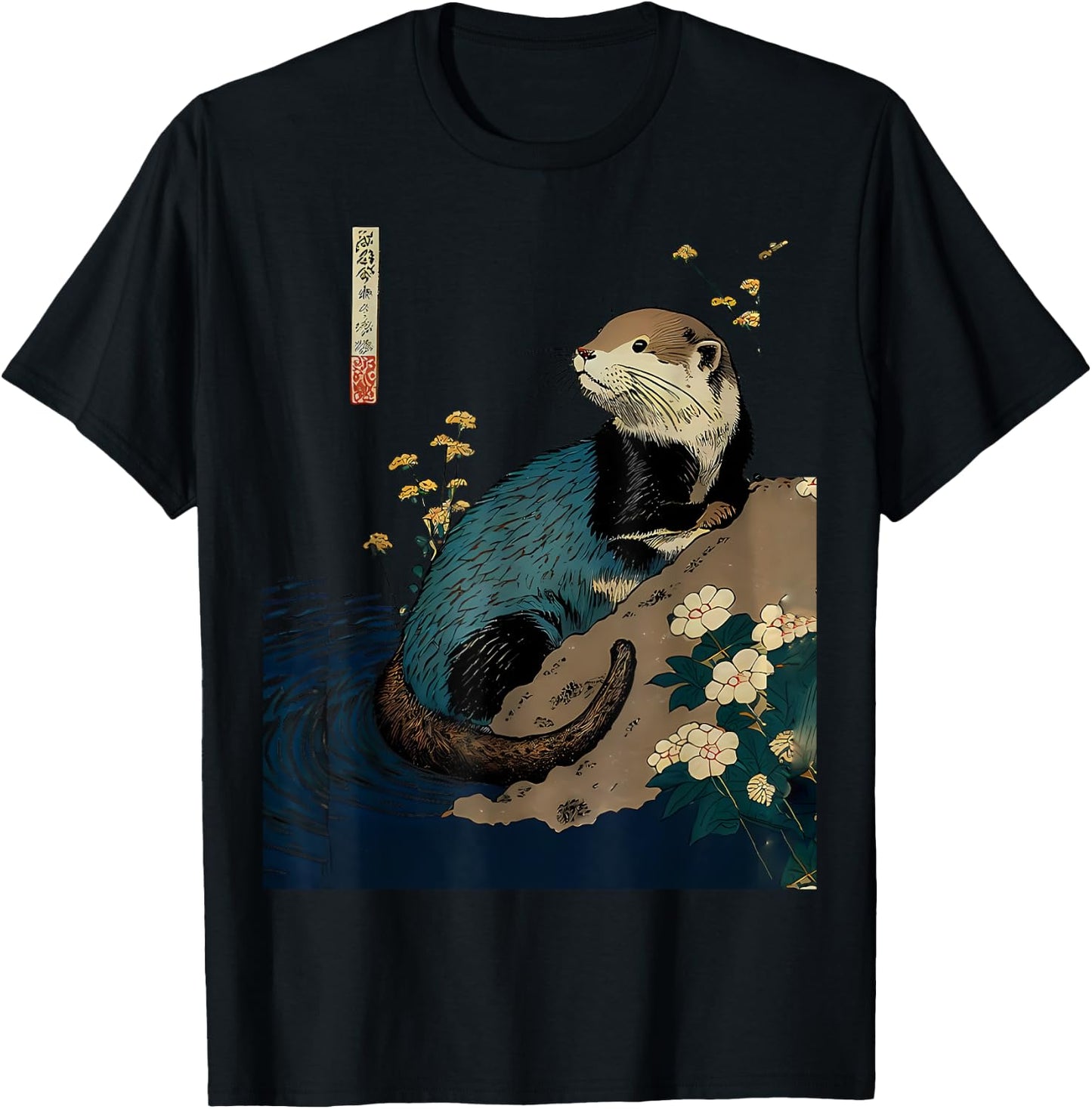 Floral Otter Water Japanese Art Print T-Shirt - T-Shirt | Black