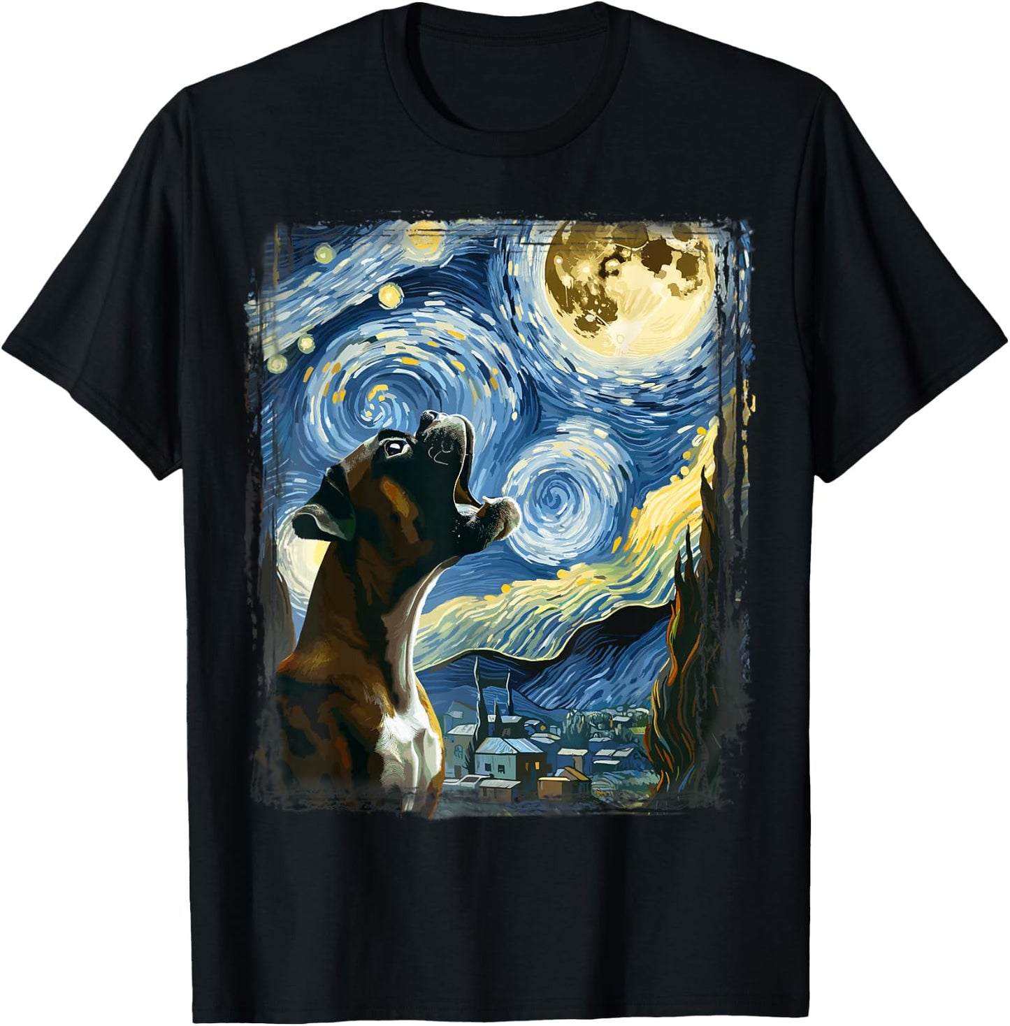 Boxer Dog Moonlit Canine Art Van Gogh Starry Night Boxer T-Shirt - T-Shirt | Black