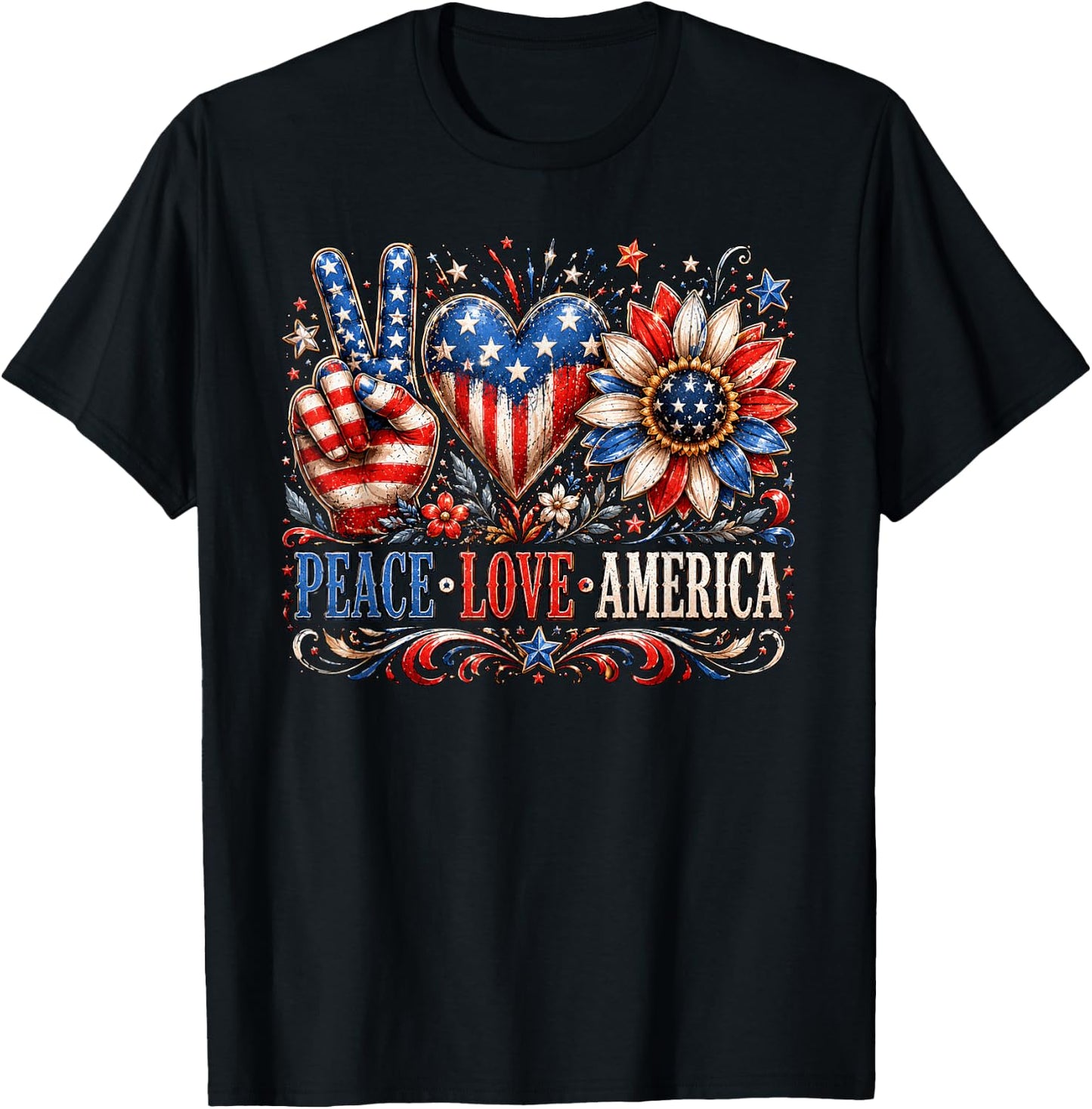 Patriotic Sunflower USA Flag Peace Love America 4th of July T-Shirt - T-Shirt | Black