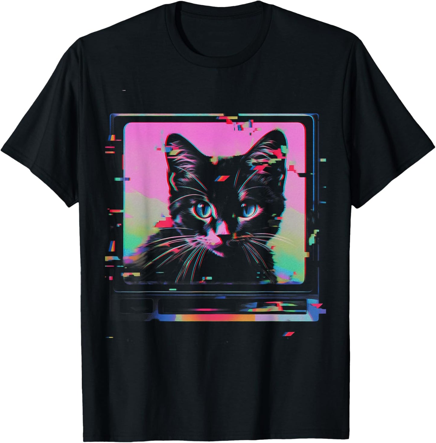 Psychedelic Trippy Glitch Cat | 80s 90s Vaporwave Synthwave T-Shirt - T-Shirt | Black