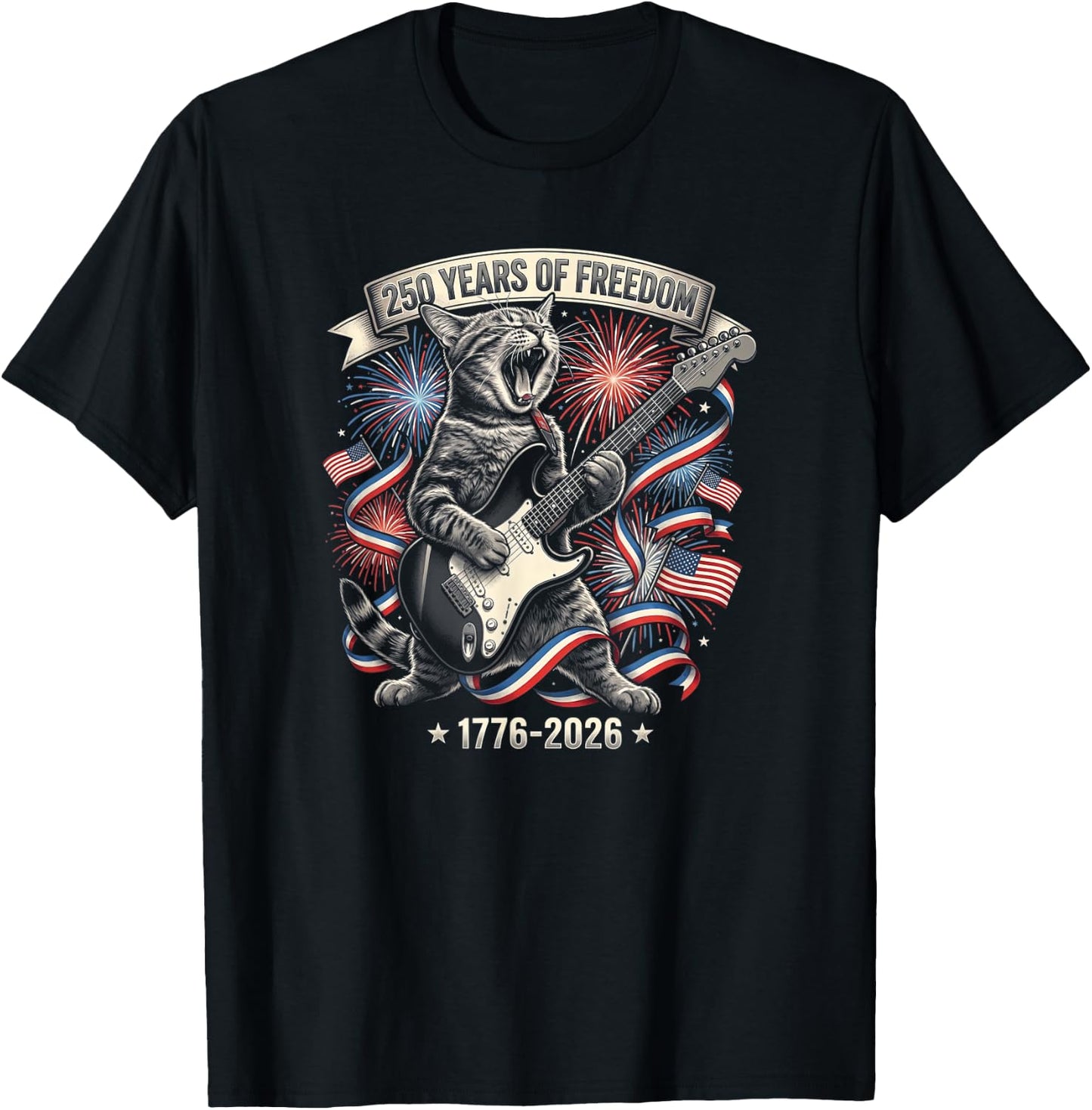 Funny Cat 250 Years Rock American Flag Patriotic 4th of July T-Shirt - T-Shirt | Black