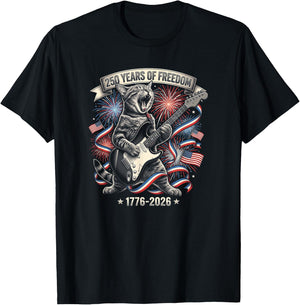 Funny Cat 250 Years Rock American Flag Patriotic 4th of July T-Shirt - T-Shirt | Black