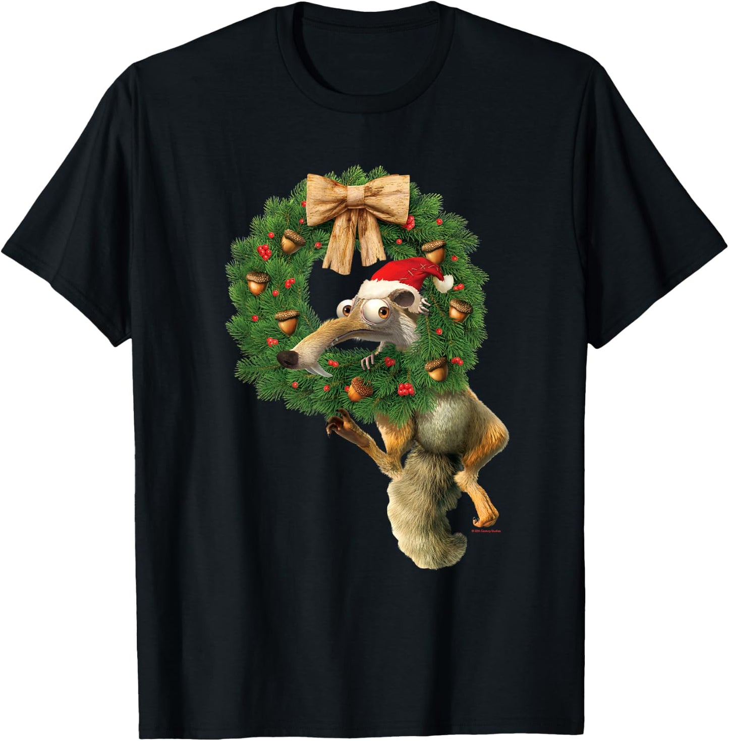 20th Century Fox Ice Age Scrat Prehistoric Christmas Holiday Acorn Wreath T-Shirt - T-Shirt | Black