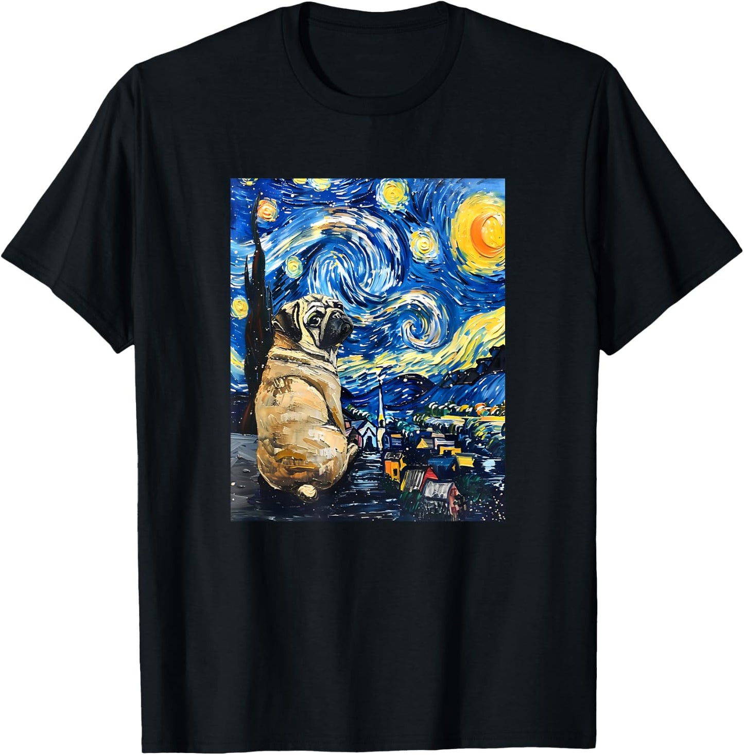 Cute Van Gogh Pug Starry Night Funny Dog Women Men T-Shirt - T-Shirt | Black