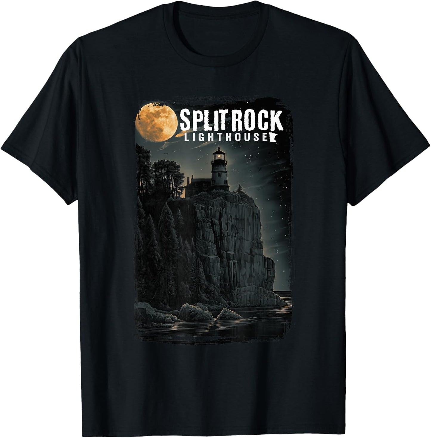 Moon Night Classic Split Rock Lighthouse Minnesota T-Shirt - T-Shirt | Black