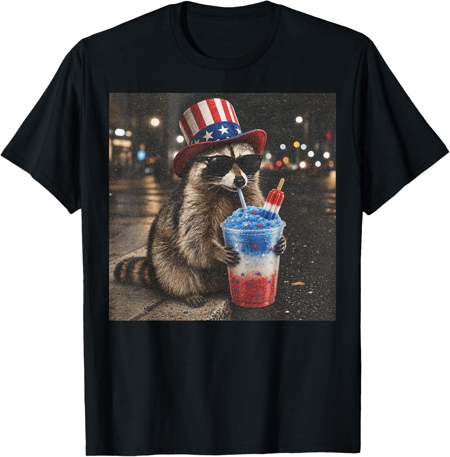 4th of July Raccoon Drinking Red White Blue Slushie Popsicle T-Shirt - T-Shirt | Black