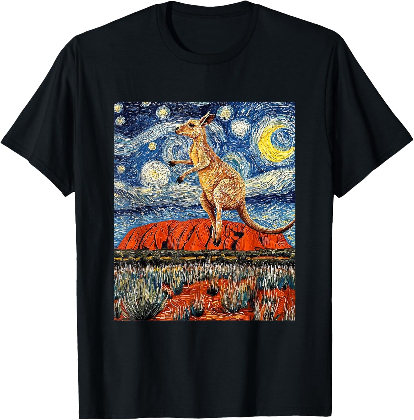Kangaroo Ayers Rock Uluru Van Gogh Style Starry Night T-Shirt - T-Shirt | Black