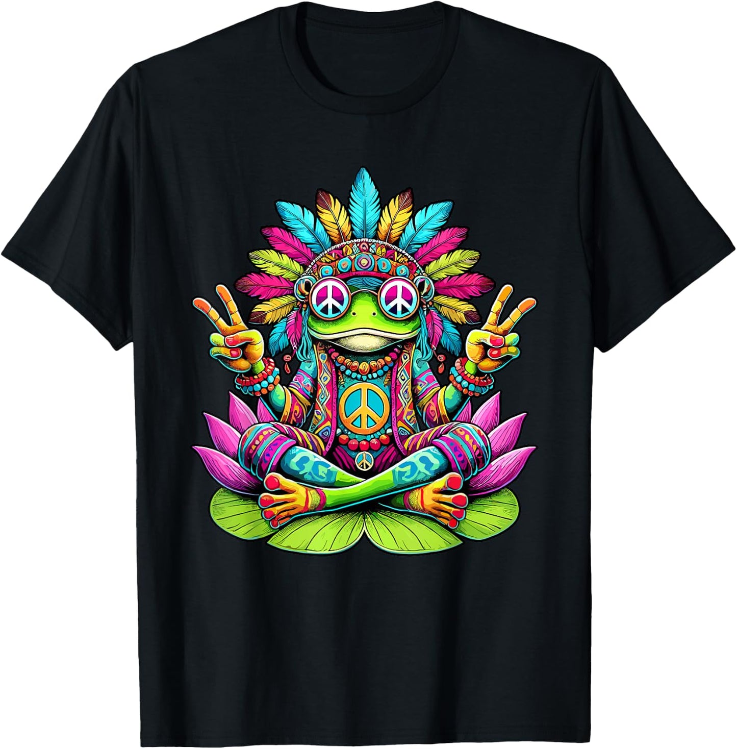 Hippie frog, peace sign, 70s and 60s party, sunglasses , Black, S T-Shirt - T-Shirt | Black