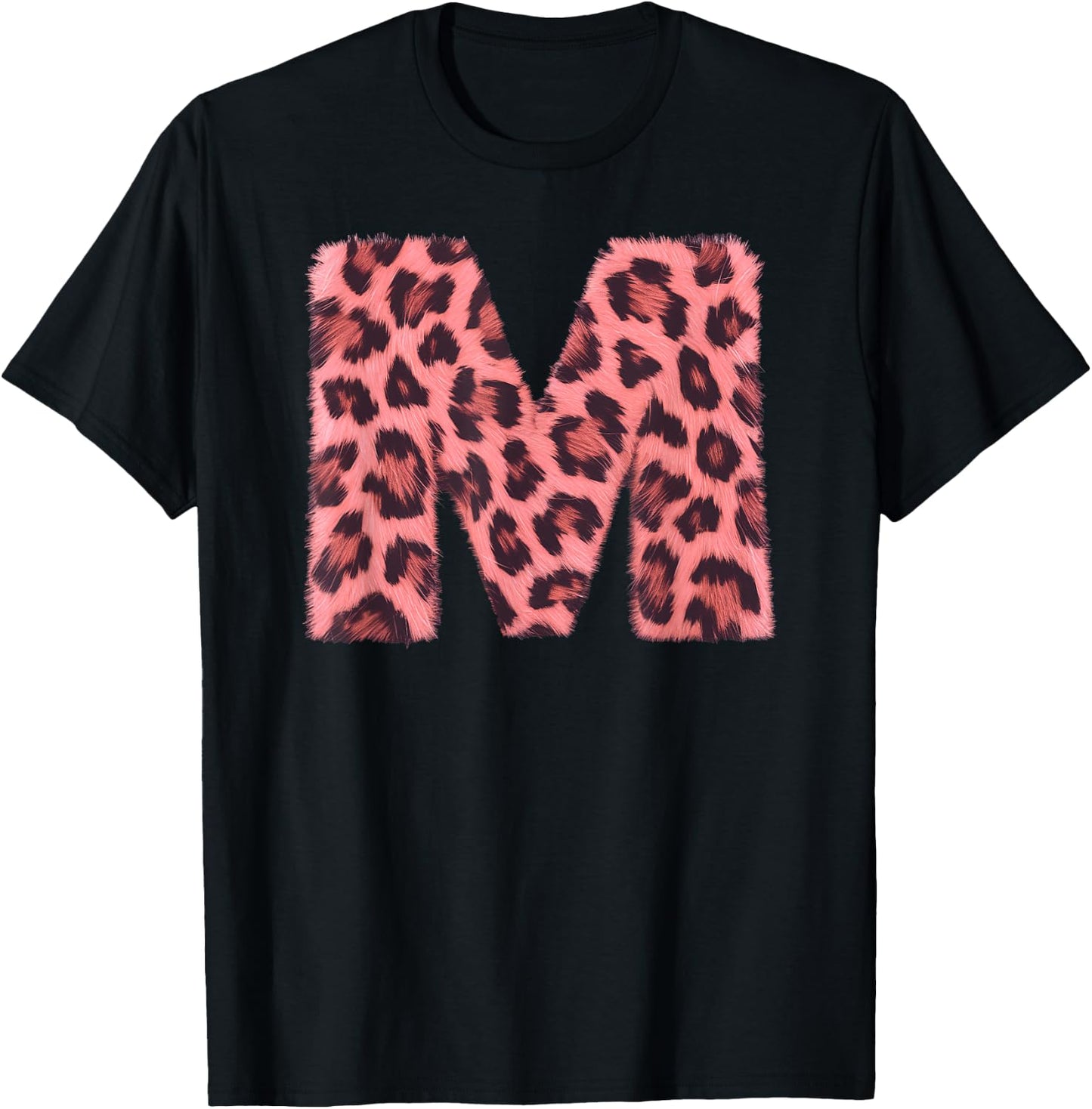 Letter M Cheetah Leopard Print Pink Initial Zebra Matching T-Shirt - T-Shirt | Black