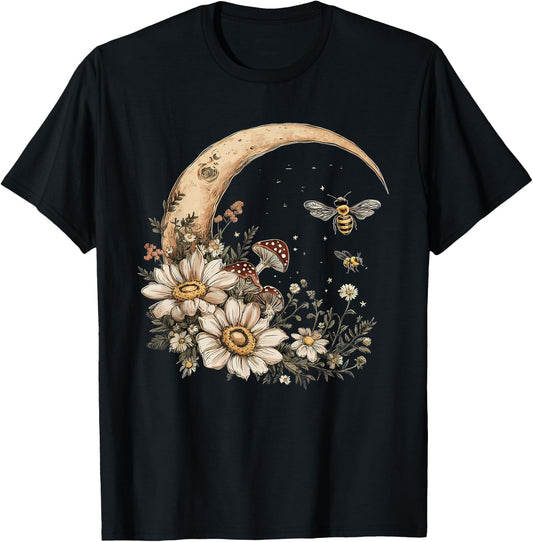 Boho Moon Flower Botanical Mushroom Bee Cottagecore T-Shirt - T-Shirt | Black