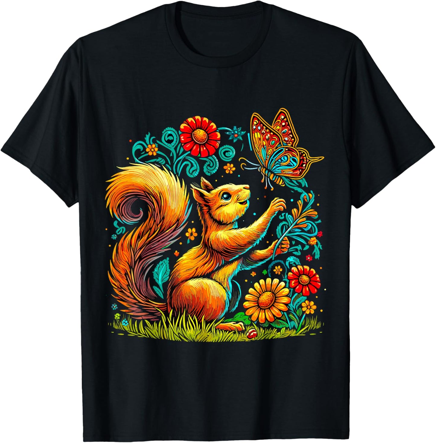 Squirrel with Butterfly and Flowers T-Shirt - T-Shirt | Black